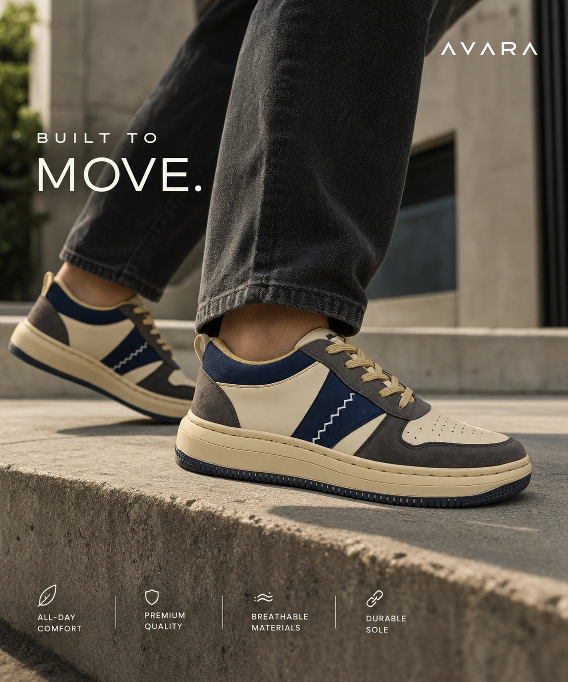 AVARA ROVE Premium Casual Sneakers | Beige Grey & Navy