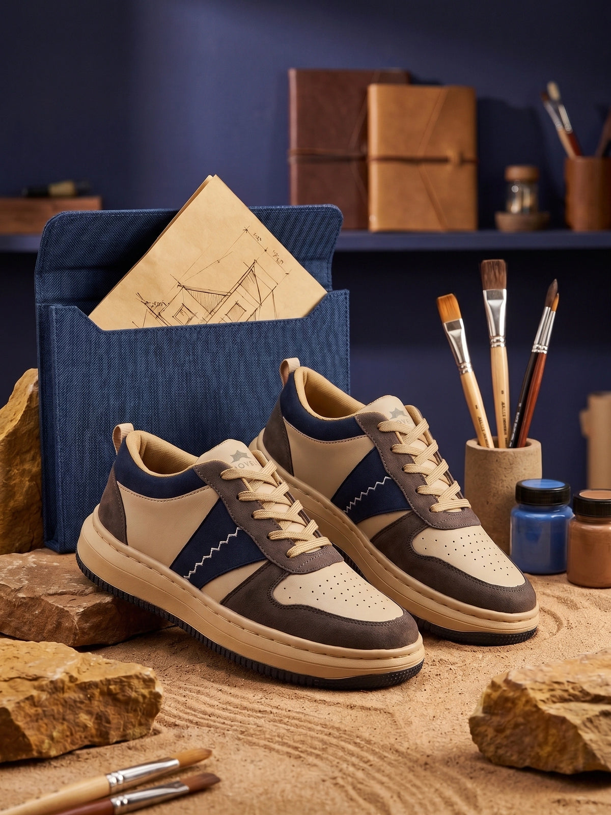 AVARA ROVE Premium Casual Sneakers | Beige Grey & Navy